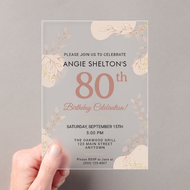 Invitations En Acrylique Elegant Rose Gold Botanical 80th Birthday (In situ (ordinateur de poche))