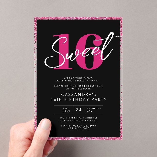 Invitations En Acrylique Elégant Rose Gold Rose & Black Sweet 16 Anniversai (In situ (ordinateur de poche))