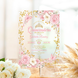 Invitations En Acrylique Élégant rose poudré Quinceañera papillon doré 