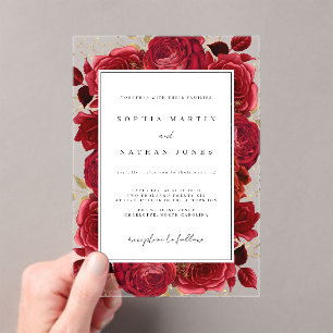 Invitations En Acrylique Élégant Rose rouge et or Mariage clair