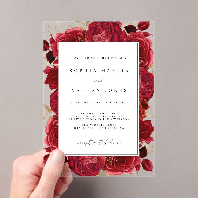 Invitations En Acrylique Élégant Rose rouge et or Mariage clair (In situ (ordinateur de poche))