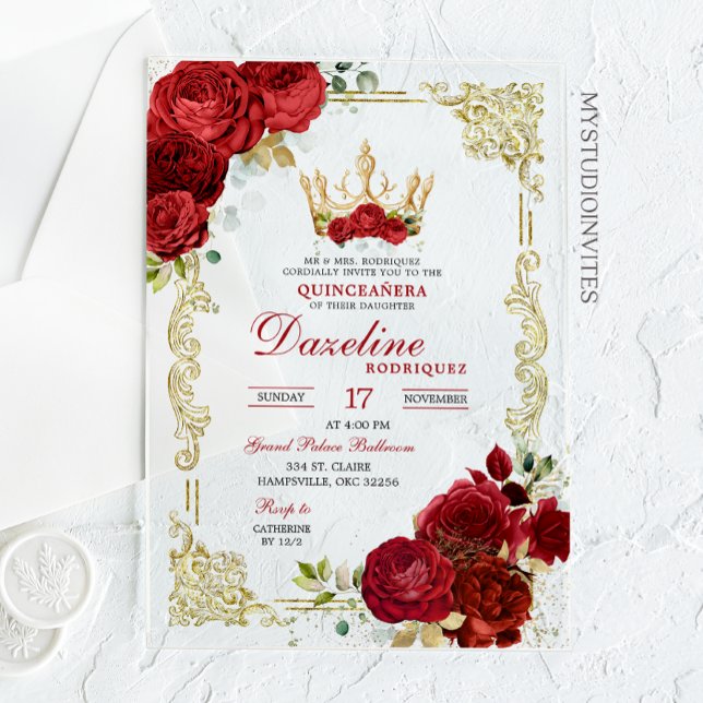 Invitations En Acrylique Elégant Roses Rouges Couronne Quinceanera Invitati (Créateur téléchargé)