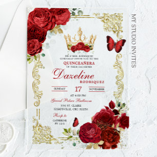 Invitations En Acrylique Elégant Roses Rouges Couronne Quinceanera Invitati