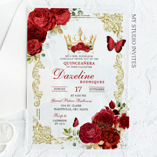 Invitations En Acrylique Elégant Roses Rouges Couronne Quinceanera Invitati
