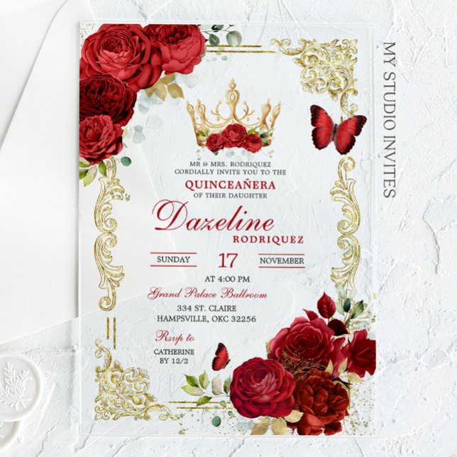 Invitations En Acrylique Elégant Roses Rouges Couronne Quinceanera Invitati (Créateur téléchargé)