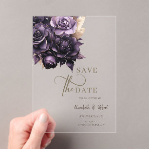 Invitations En Acrylique Élégant Roses Violet foncé Enregistrer La Date