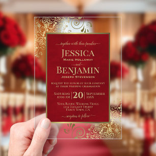 Invitations En Acrylique Élégant Rouge Cramoisi et Or Mariage Texte de Styl