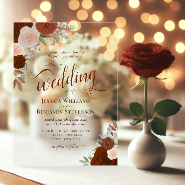 Invitations En Acrylique Elégant rouille Burange Boho Roses Fancy Mariage (Clear Acrylic with Rectangle Cut)