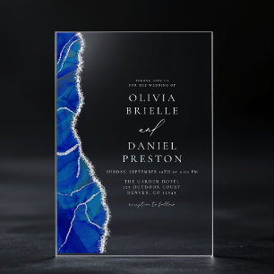 Invitations En Acrylique Élégant Royal Blue Silver Agate Mariage Monogramme