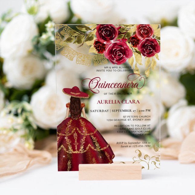 Invitations En Acrylique Élégant rubis floral rouge Charra Quinceañera (Créateur téléchargé)