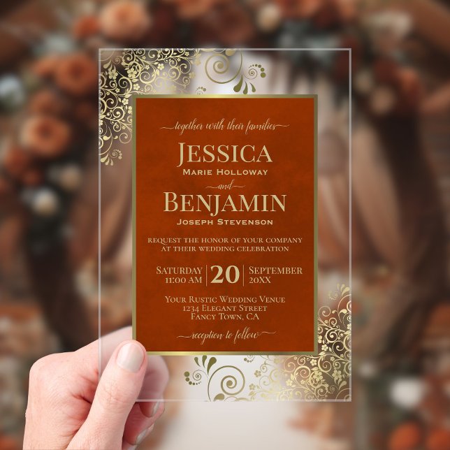 Invitations En Acrylique Elegant Rust Orange & Gold Stylish Text Wedding (Créateur téléchargé)