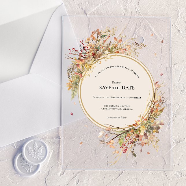 Invitations En Acrylique Elégant Rustic Fall Beige Enregistrer la date (Créateur téléchargé)