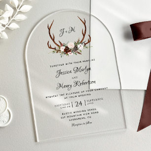 Invitations En Acrylique Élégant Rustique Floral Antlers Mariage