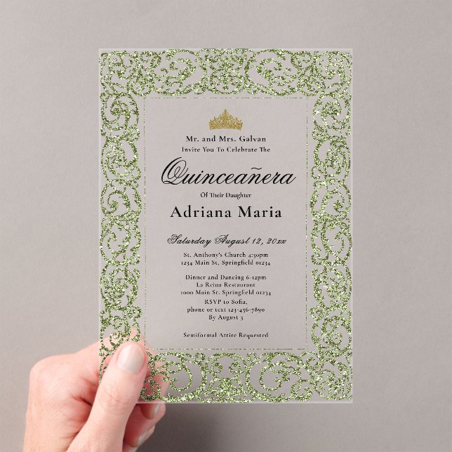 Invitations En Acrylique Elegant Sage Green 15th Birthday Quinceanera (In situ (ordinateur de poche))