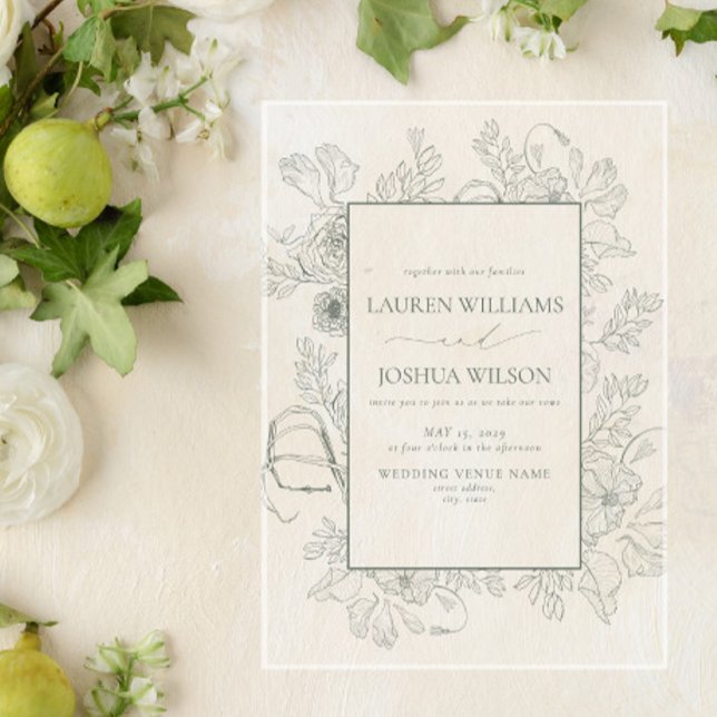 Invitations En Acrylique Élégant Sage Green Floral Line Mariage (Créateur téléchargé)