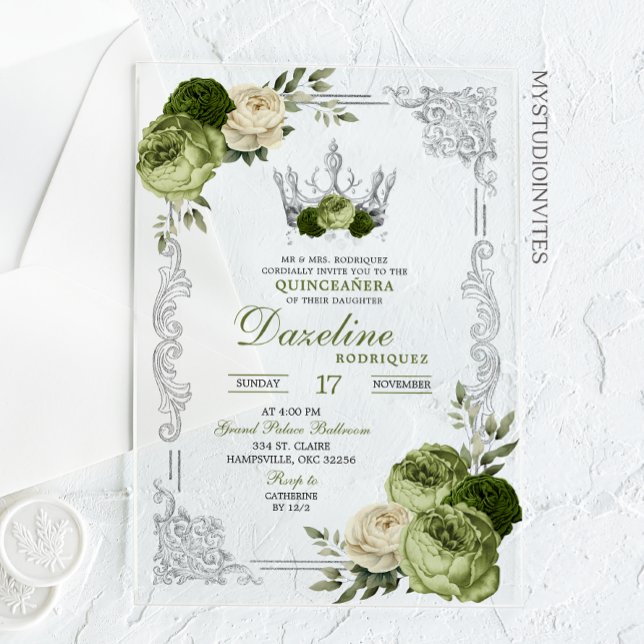 Invitations En Acrylique Elegant Sage Green Ivory Crown Quinceanera (Créateur téléchargé)
