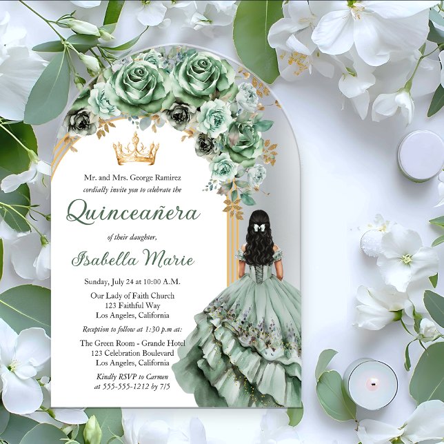 Invitations En Acrylique Elégant Sage Green Rose Floral Quinceañera Party (Elegant Sage Green Rose Floral Princess-Theme Brunette Dk Haired Quinceañera Acrylic Invitation)
