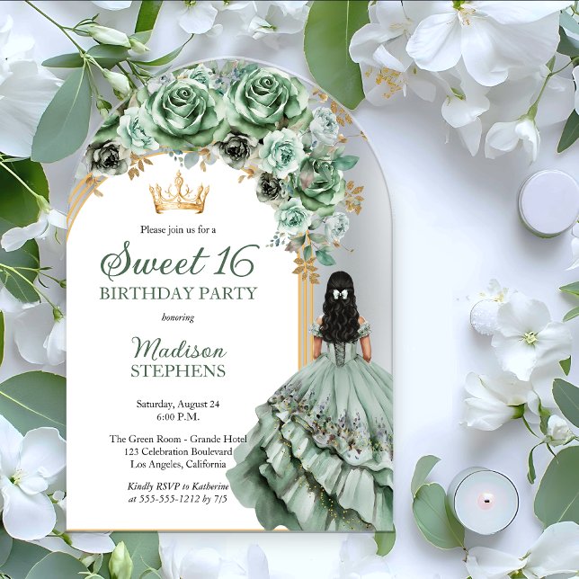 Invitations En Acrylique Elégant Sage Green Rose Floral Sweet 16 Party (Elegant Sage Green Rose Floral Princess-Theme Brunette Sweet 16 Birthday Acrylic Invitation )