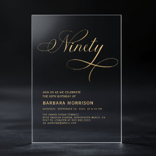Invitations En Acrylique Élégant Script 90 Black Gold 90e anniversaire