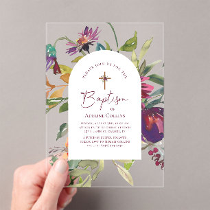 Invitations En Acrylique Élégant Script Aquarelle Bourgogne Floral Baptême
