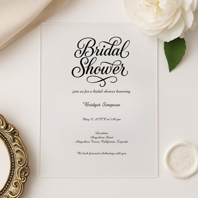 Invitations En Acrylique Élégant script de Fête des mariées noir et blanc (Créateur téléchargé)