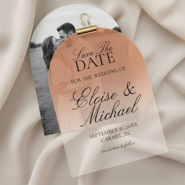 Invitations En Acrylique Élégant Script En Terracotta Gradient Enregistrer  (Invite guests to mark their calendars with this Elegant Script Gradient Wedding Acrylic Invitation!)