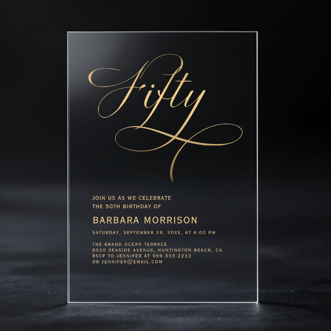 Invitations En Acrylique Élégant Script Fifty Noir Or 50e Anniversaire (Créateur téléchargé)