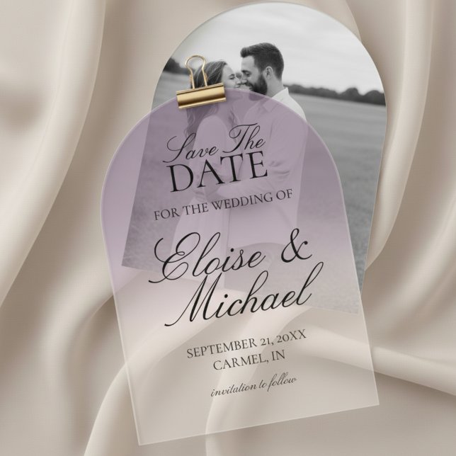 Invitations En Acrylique Élégant Script Lavender Gradient Enregistrer La Da (Invite guests to mark their calendars with this Elegant Script Gradient Wedding Acrylic Invitation!)