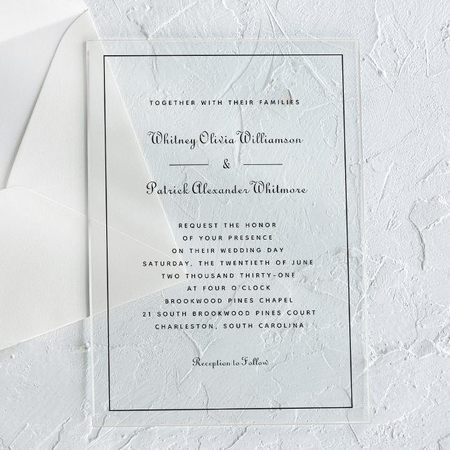 Invitations En Acrylique Élégant Script Mariages Classiques Formels Noir et (Elegant Script Black White Formal Classic Weddings Acrylic Invitations)