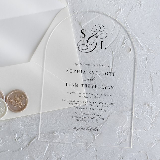 Invitations En Acrylique Élégant Script Monogramme Arc Mariage officiel (Créateur téléchargé)