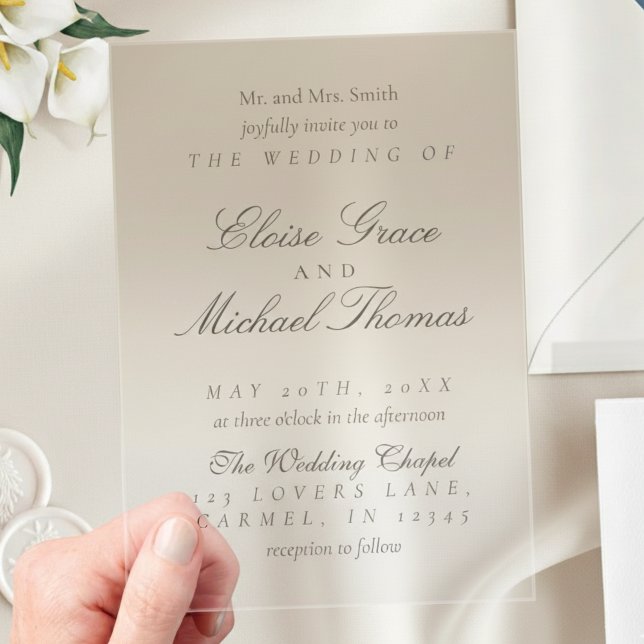 Invitations En Acrylique Élégant Script Neutre Tan Mariage dégradé (Invite guests to your big day with this Elegant Script Gradient Wedding Acrylic Invitation!)