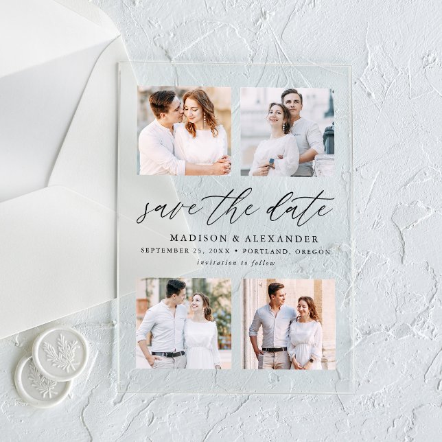 Invitations En Acrylique Élégant Script Noir 4 Photo Mariage Save the Date (Créateur téléchargé)
