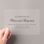 Invitations En Acrylique Élégant script noir minimal Mariage formel<br><div class="desc">Ce faire-part de mariage sophistiqué présente un script noir délicat associé à un texte serif classique sur une disposition propre et moderne, parfait pour des célébrations formelles. Conçu pour les couples qui apprécient l'élégance intemporelle et le luxe subtil, cette carte à plat comprend des détails personnalisés tels que les noms,...</div>