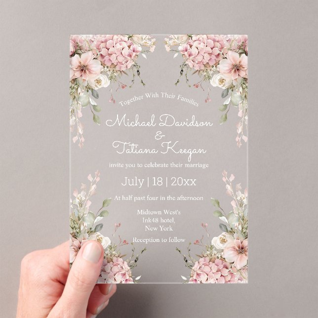 Invitations En Acrylique elegant script pink floral minimal wedding (In situ (ordinateur de poche))