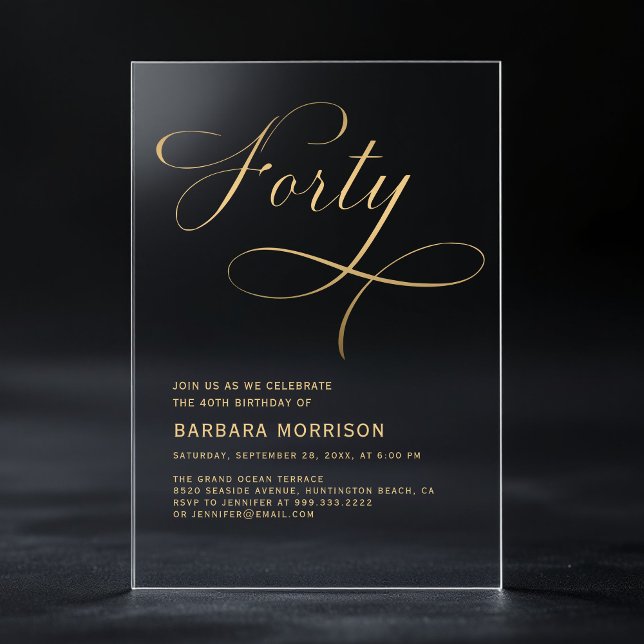 Invitations En Acrylique Élégant Script Quarante Noir Or 40e Anniversaire (Créateur téléchargé)