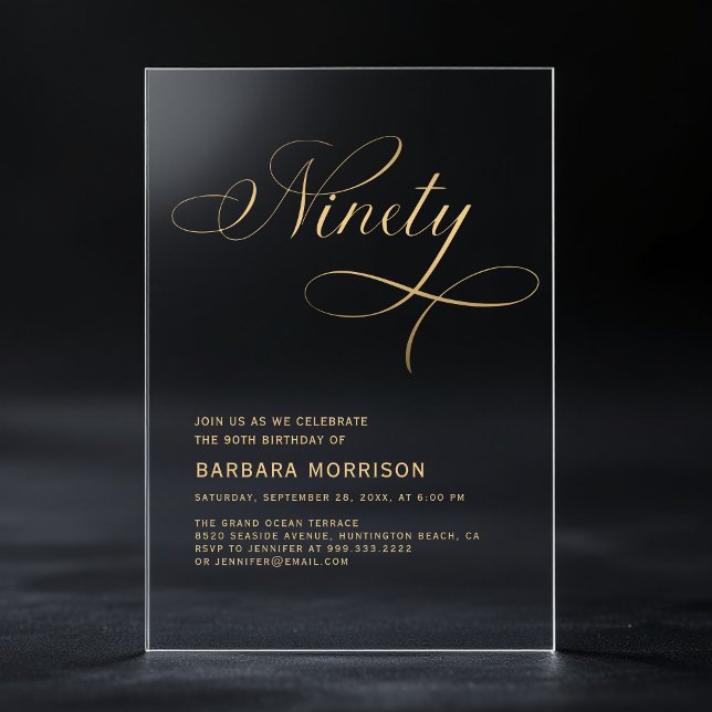 Invitations En Acrylique Élégant Script Quatre-Vingt-Dix Noir Or 90e Annive (Créateur téléchargé)
