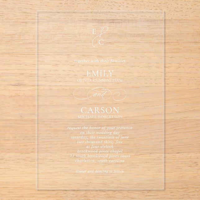 Invitations En Acrylique Élégant Script Simple Monogramme Mariage moderne (Recto)