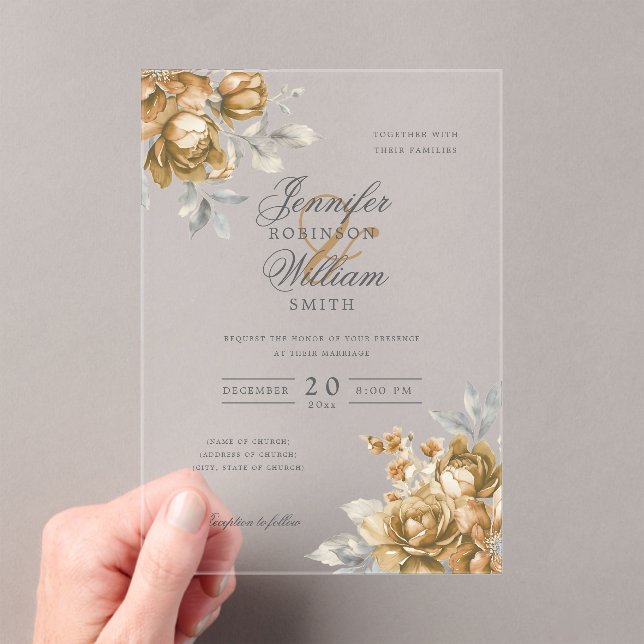 Invitations En Acrylique Elegant Script Wedding Gold Natural Rustic Floral  (In situ (ordinateur de poche))