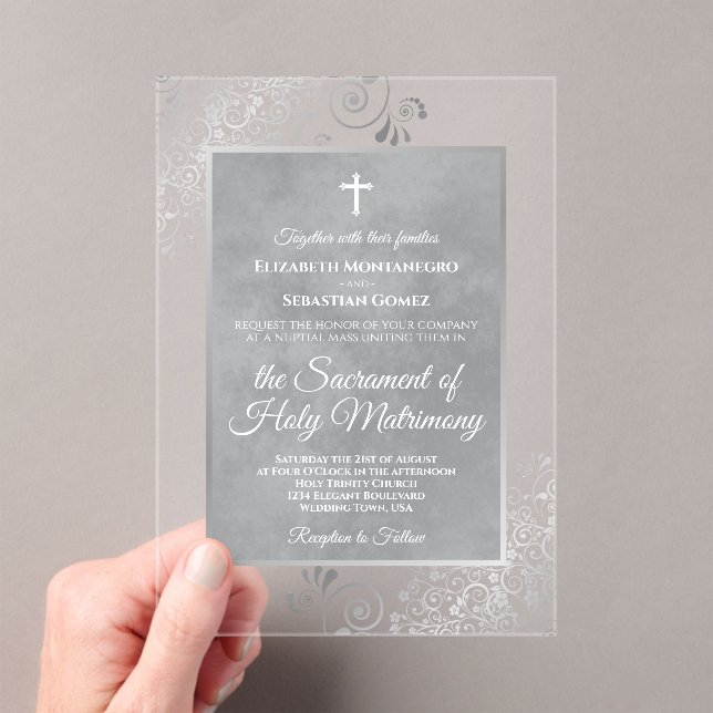Invitations En Acrylique Elegant Silver and Gray Ornate Catholic Wedding (In situ (ordinateur de poche))
