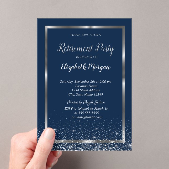 Invitations En Acrylique Elegant Silver Frame Navy Confetti Retirement (In situ (ordinateur de poche))