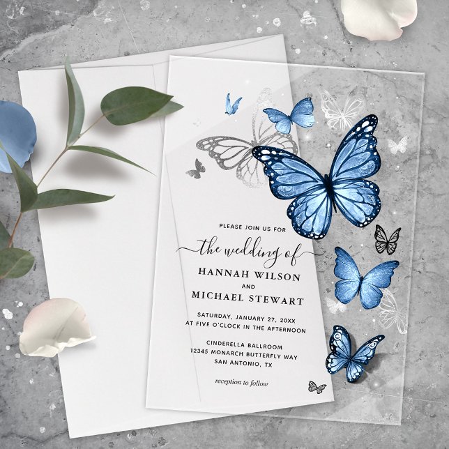 Invitations En Acrylique Élégant Silver Light Baby Blue Butterfly Mariage (Elegant baby blue butterfly acrylic wedding invitations that will bring your fairy tale to life!)