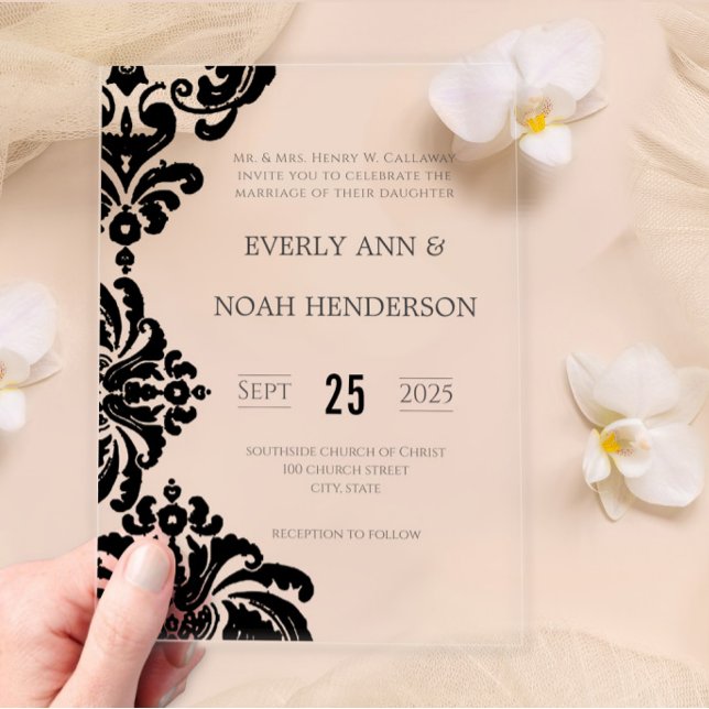 Invitations En Acrylique Elégant simple Victorian Black Mariage damassé (Créateur téléchargé)
