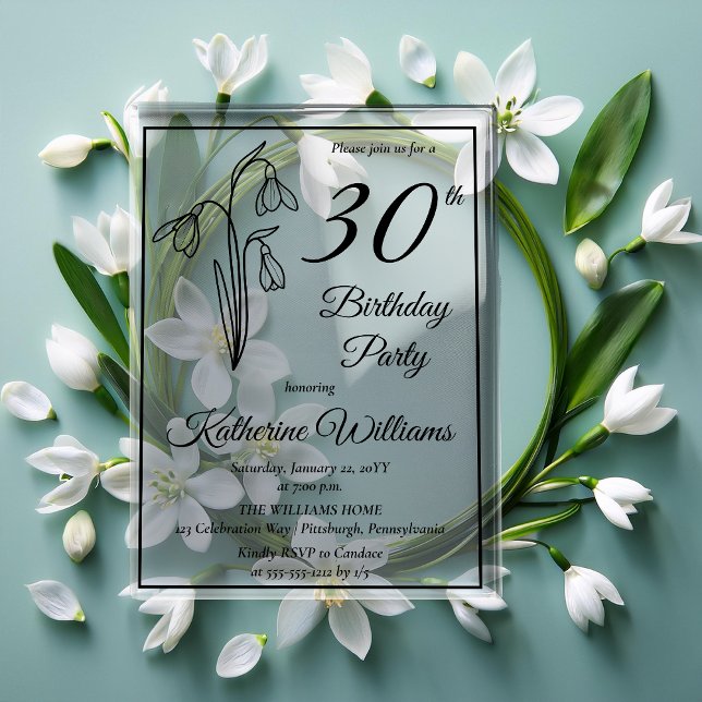 Invitations En Acrylique Elégant Snowdrops 30ème anniversaire (Elegant Snowdrops 30th Birthday Party Acrylic Invitations)
