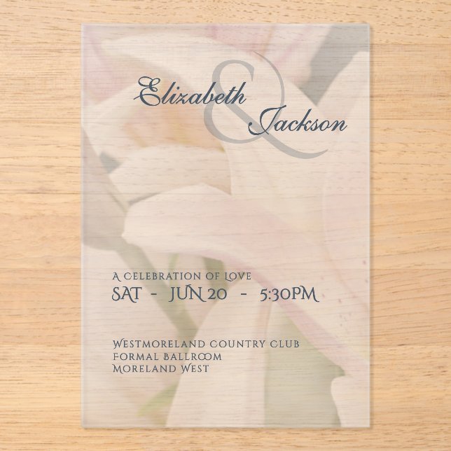 Invitations En Acrylique Elegant Soft Romantic Floral Lily Script Wedding (Recto)