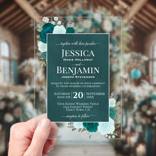 Invitations En Acrylique Elegant Teal & Aqua Roses Stylish Text Wedding (Clear Acrylic with Rectangle Cut)