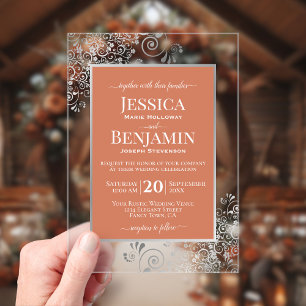 Invitations En Acrylique Élégant Terracotta & Argent Mariage Text Style