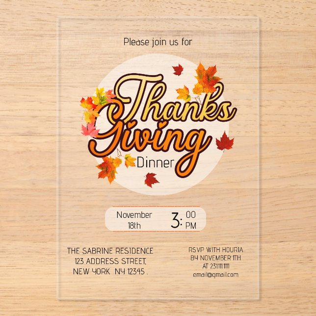 Invitations En Acrylique Elegant Thanksgiving foliage autumn fall  (Recto)