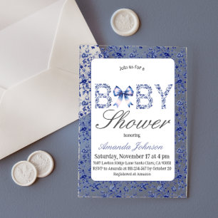 Invitations En Acrylique Elégant Toile Bleue de Jouy et Baby shower Bow