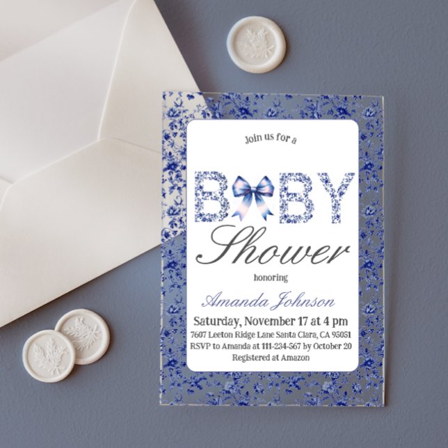 Invitations En Acrylique Elégant Toile Bleue de Jouy et Baby shower Bow (Créateur téléchargé)