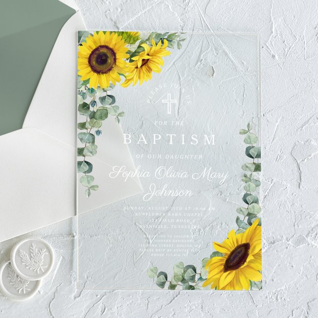Invitations En Acrylique Élégant tournesol Eucalyptus Girl Baptism (Elegant Sunflowers Eucalyptus Girl Baptism Acrylic Invitations)